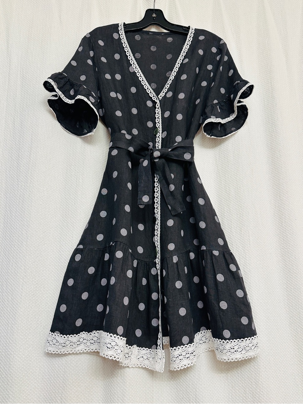 Linen Black Polka Dot Lace-Trim Button up Dress, size S- L